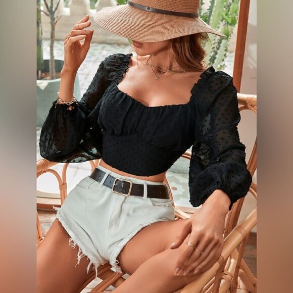 Romantic Flair: Swiss Dot Ruched Bust Frilled Lantern Sleeve Crop Blouse - Picture 1 of 6